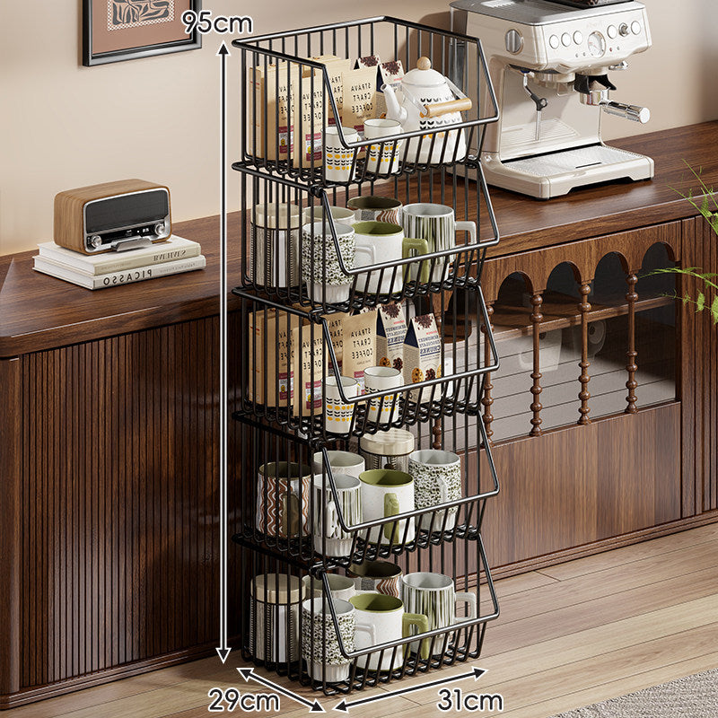 Four-Tier Tall Rolling Wire Pantry and Mug Storage Cart with Deep Slanted Baskets