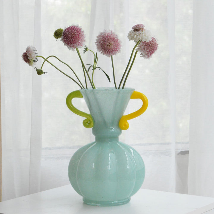 Decorative Handblown Glass Vase with Sculptural Pumpkin Body and Flared Neck