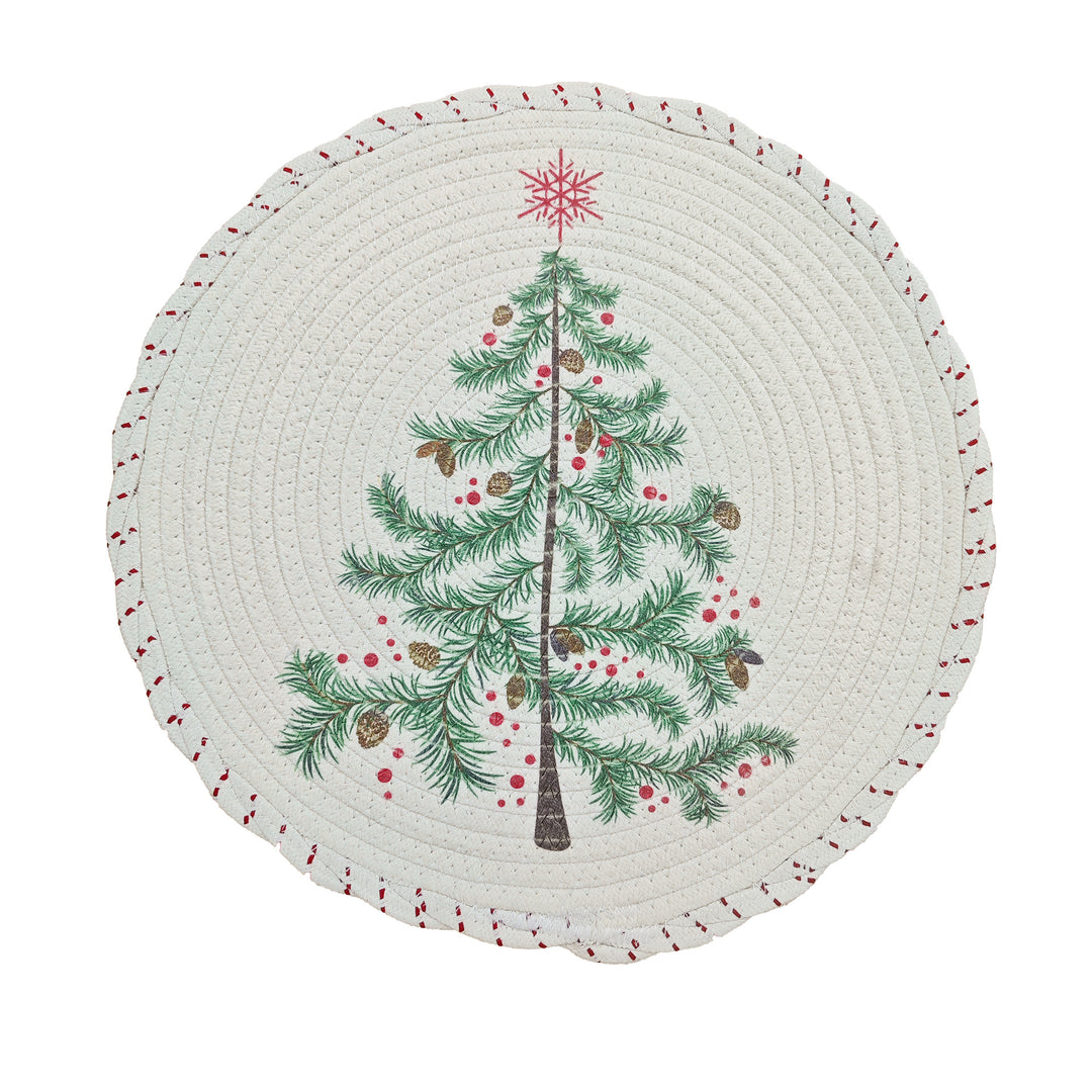 Braided round Christmas tree skirt made of cotton with quilted winter motif