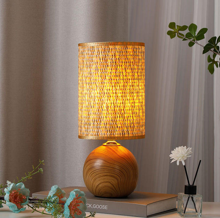 Beef Wood Base Woven Rattan Umbrella Table Lamp