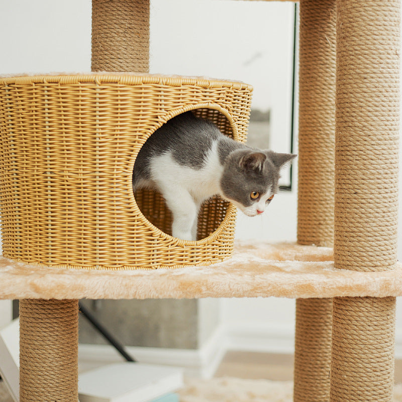 Cat furniture tree with natural rattan elements