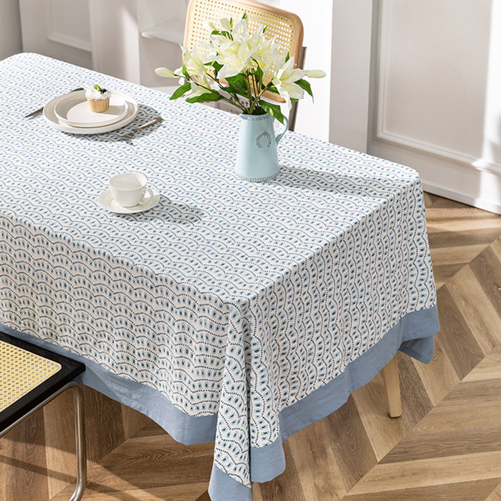 Rectangular printed tablecloth with wide hem and geometric pattern