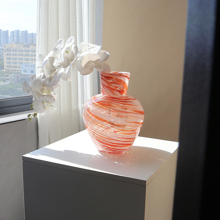 Hand-Blown Swirl-Textured Bulbous Glass Decorative Vase