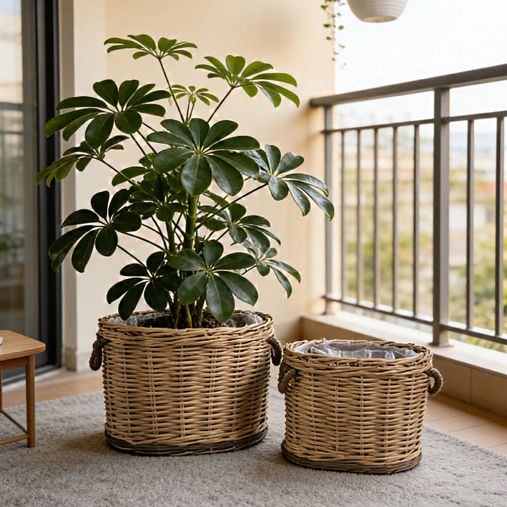Handwoven storage basket with carrying handles