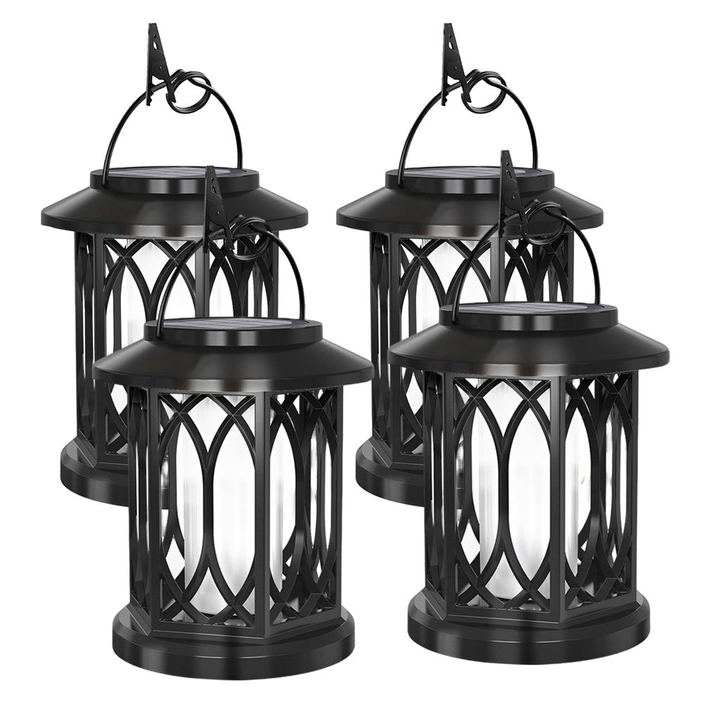 Decorative solar-powered hanging lantern for outdoor use with iron mesh frame