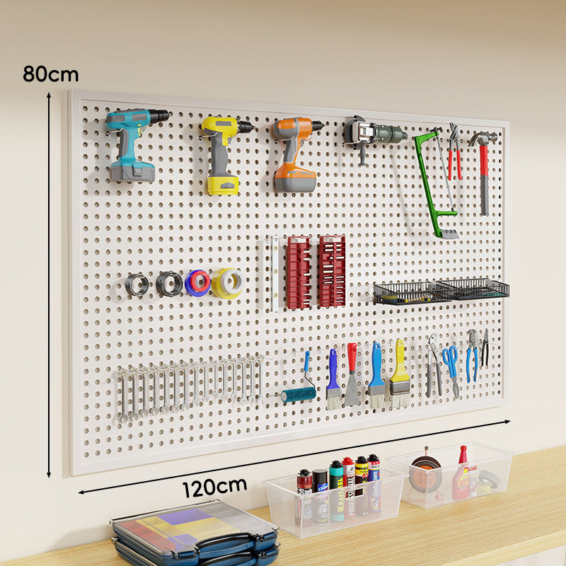 Wall-Mounted Perforated Metal Tool Pegboard Organizer Panel with Modular Hooks and Wire Baskets