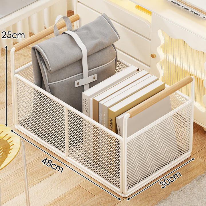 Rectangular Metal Mesh Storage Basket with Wooden Handle Rack