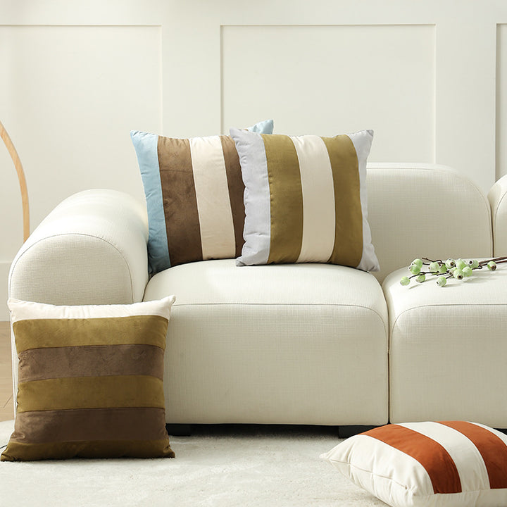 Striped square velvet decorative cushion with contrasting inserts
