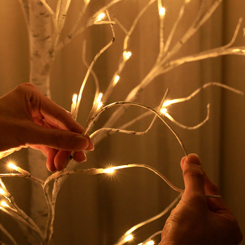 LED birch floor lamp with warm fairy lights and flexible branch arms