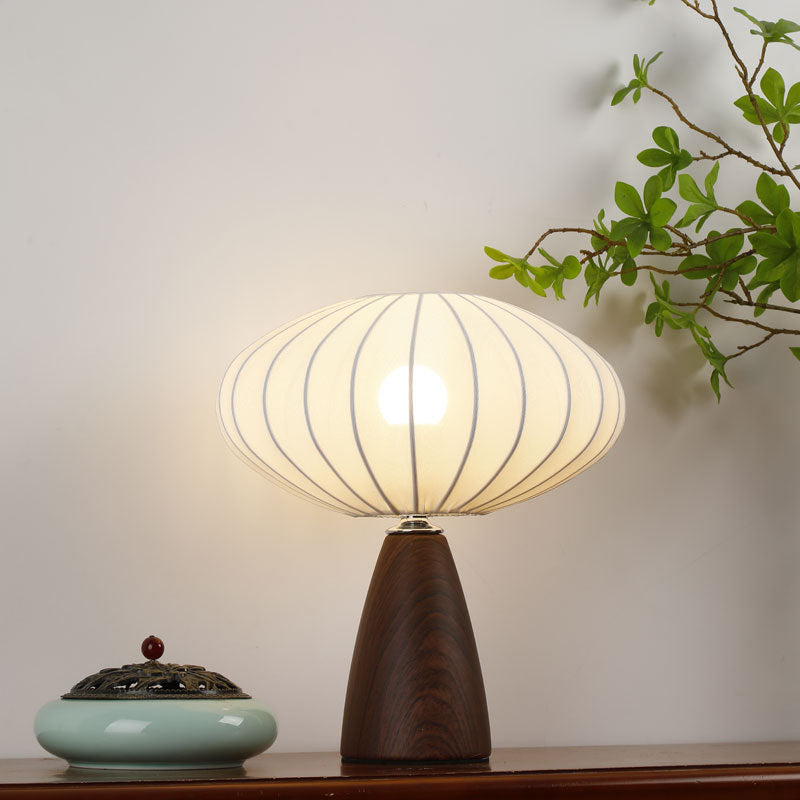 Mid-Century Wood Grain Cone Base Mushroom Fabric Table Lamp