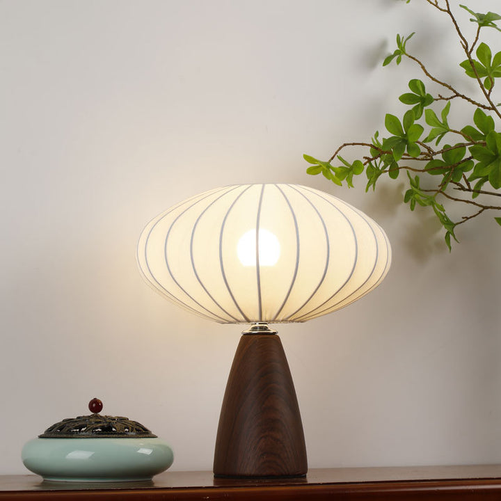 Mid-Century Wood Grain Cone Base Mushroom Fabric Table Lamp
