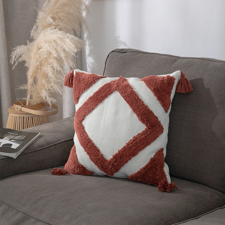 Woven decorative cushion cover with high pile, diamond tufting and tassels