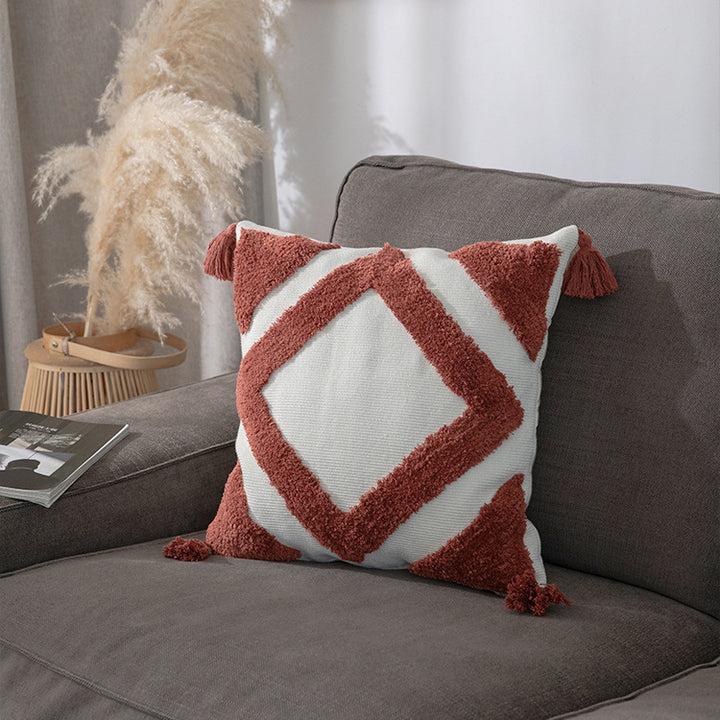 Woven decorative cushion cover with high pile, diamond tufting and tassels