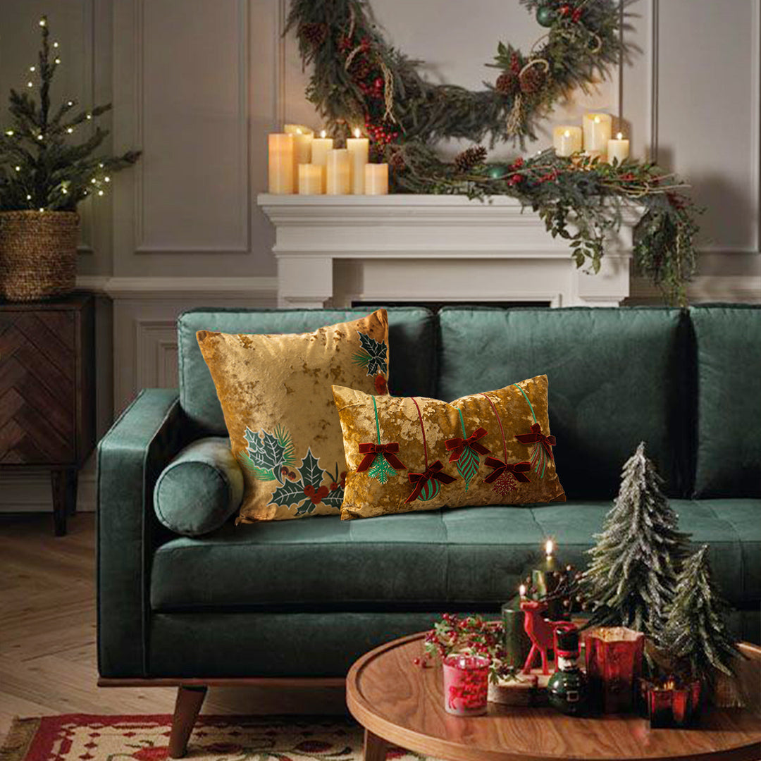 Rectangular velvet cushion cover with embroidered Christmas ornaments