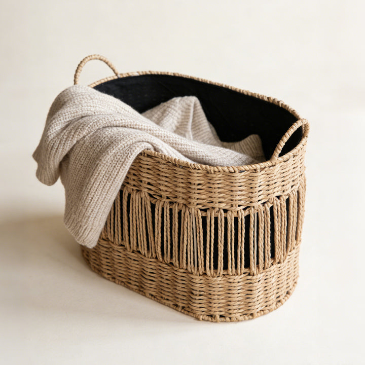 Decorative storage basket with fringes
