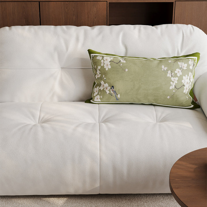 Decorative Rectangular Linen-Blend Lumbar Pillow Cover with Oriental Bird and Blossom Print and Contrast Velvet Border
