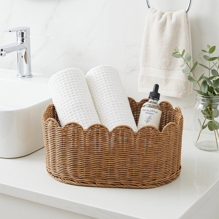 Rustic storage basket made of woven natural material