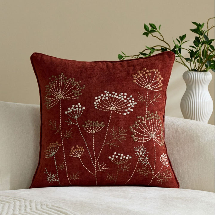 Square Embroidered Botanical Linen-Blend Accent Pillow Cover with Hidden Zipper