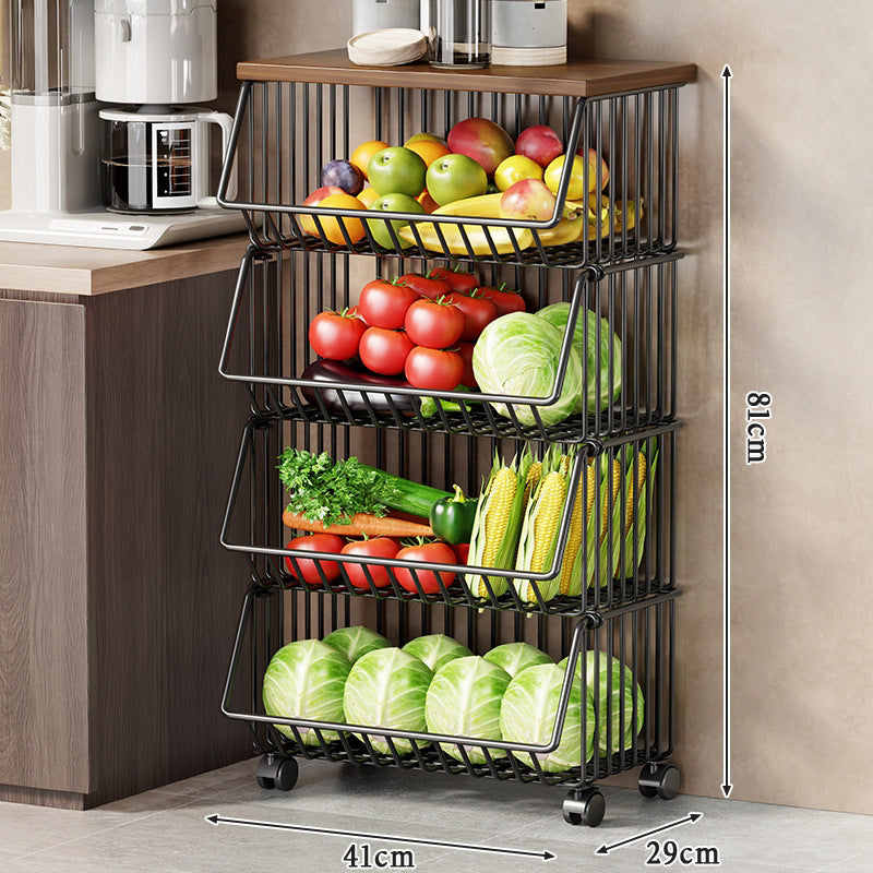 Slim Vertical Rolling Wire Produce and Pantry Organizer Cart with Wood Top