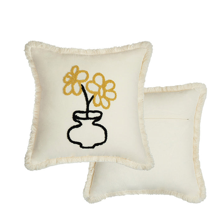 Decorative pillowcase with embroidered café motif, fringed edge, and concealed zipper