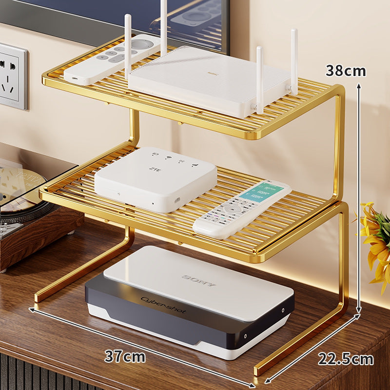 Two-Tier Ventilated Metal Electronics Organizer Shelf for Routers, Set-Top Boxes and Remotes