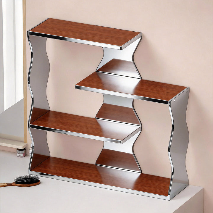 Acrylic Wave-Side Three-Tier Countertop Cosmetic Organizer with Wood Shelves