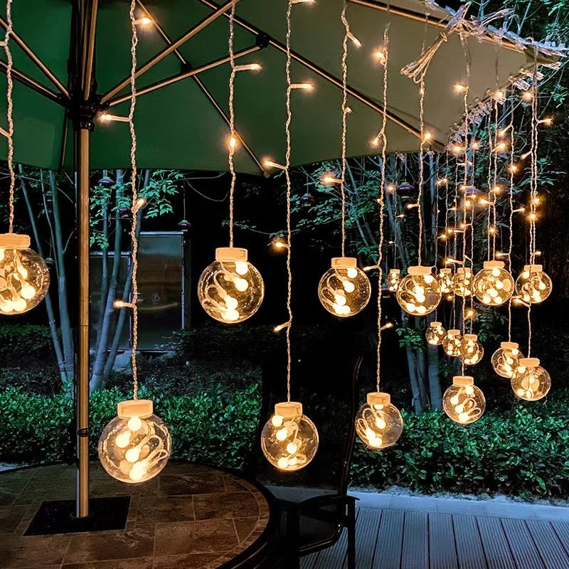 Festive LED Curtain String Lights with Hanging Star-Bell Tree and Reindeer Ornaments