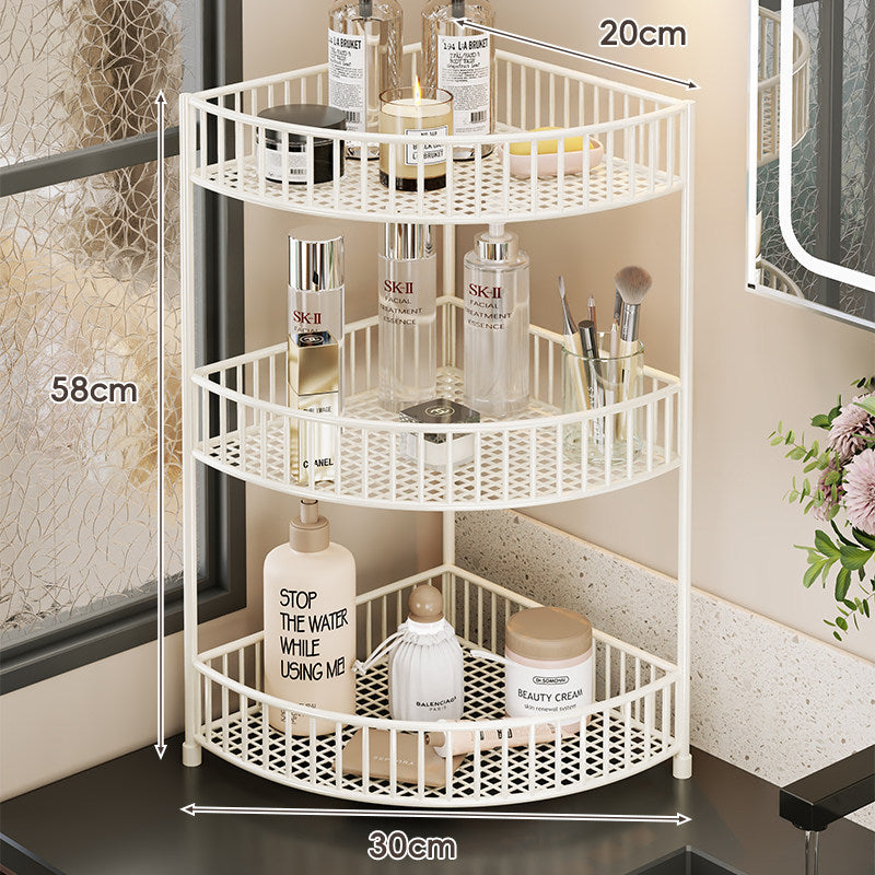 Two-Tier Corner Mesh Metal Bathroom Countertop Organizer Shelf with Raised Guard Rails