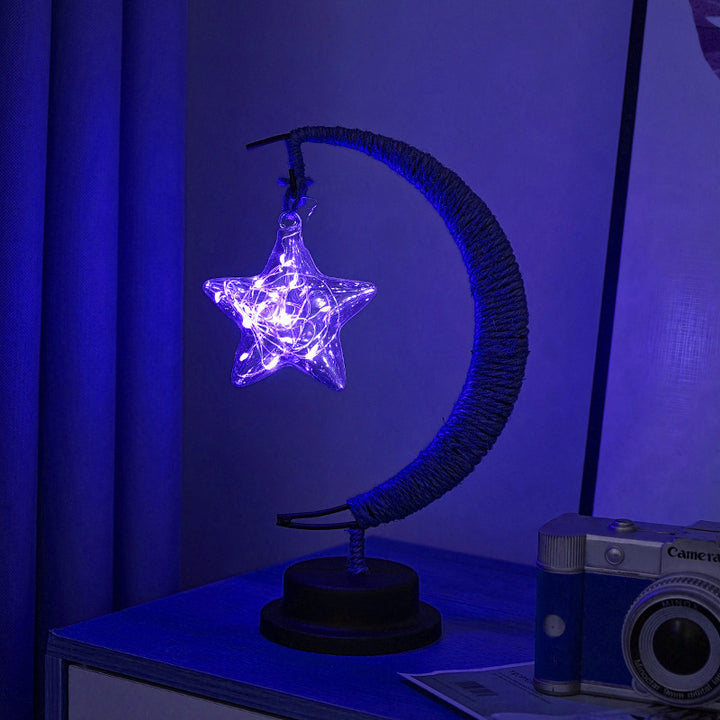 Decorative glass apple LED table lamp with moon-shaped rope-wrapped stand