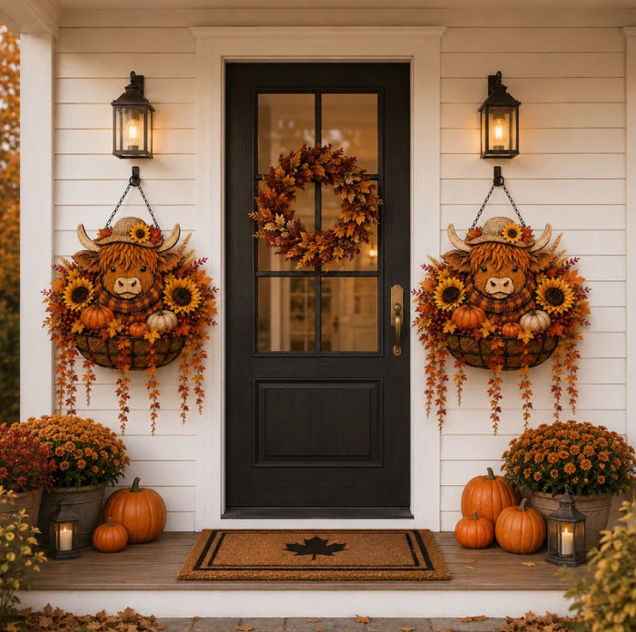 Autumn Hanging Porch Basket Decoration with Highland Cow Face Sunflowers Pumpkins and LED Fairy Lights