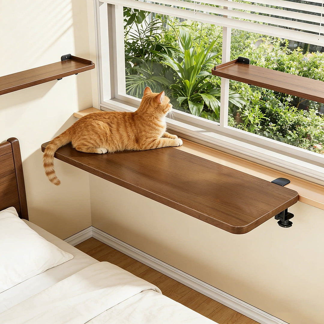 Window-Mounted Clamp-On Floating Cat Perch Shelf with Reinforced Bracket and Scratch-Resistant Woodgrain Surface