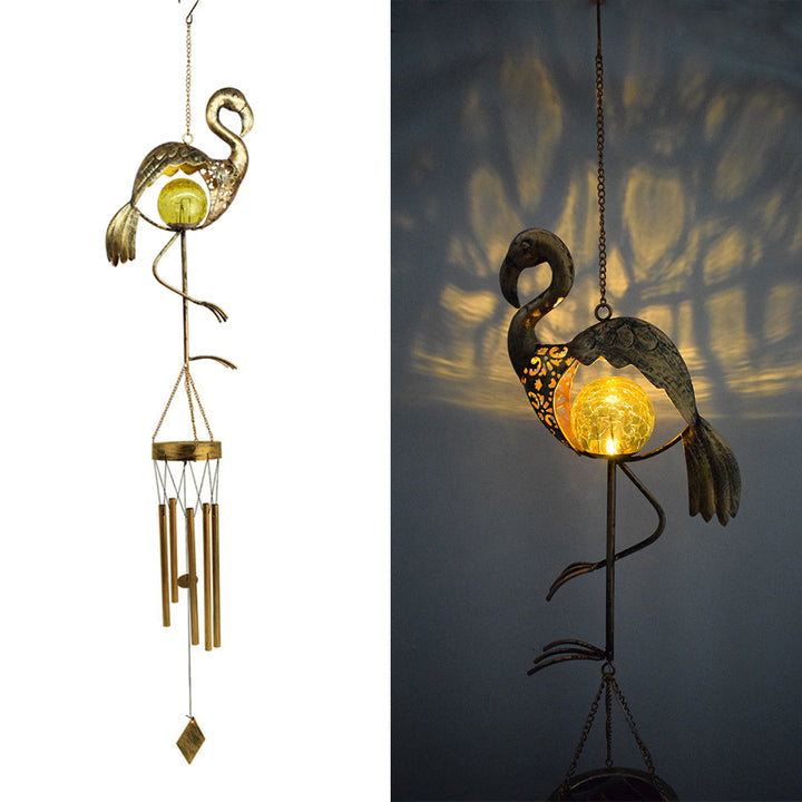 Hanging Flamingo Solar LED Wind Chime with Crackle Glass Globe