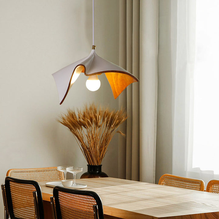 Organic Curved Wood-Look Resin Pendant Light with Draped Petal Shade