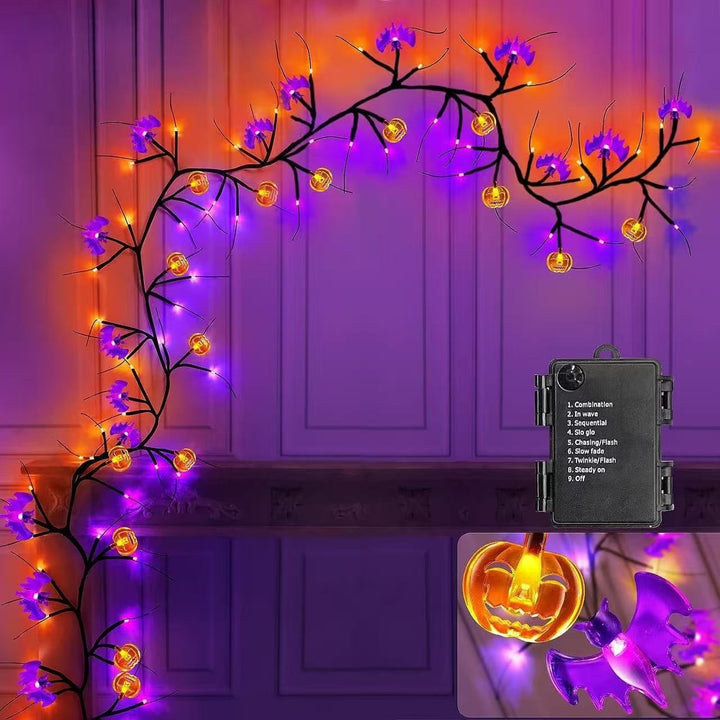 Halloween Branch LED String Lights with Jack-o'-Lantern Micro LED and Bat Silhouettes