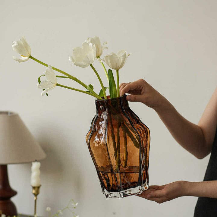 Tall Ribbed Art Glass Flower Vase Centerpiece