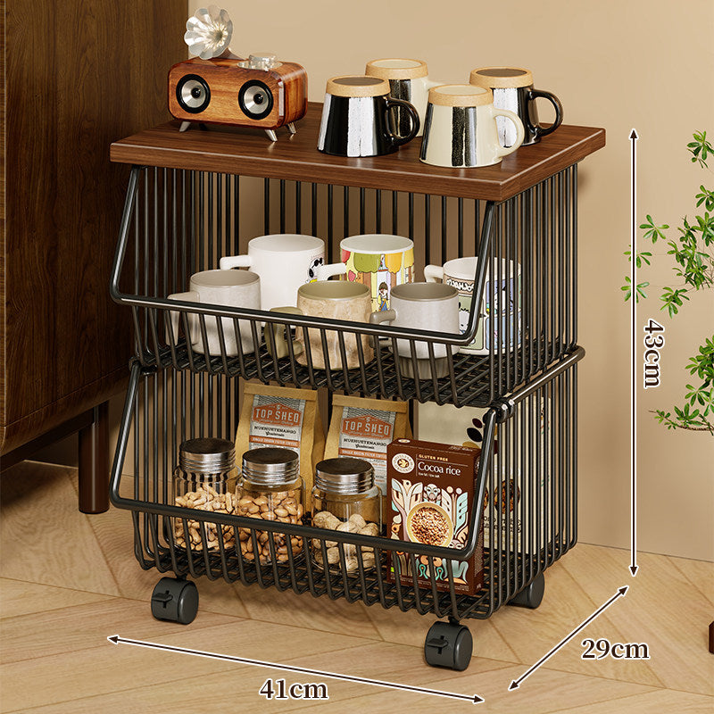 Four-Tier Industrial Wire Basket Cart with Wood Top and Swivel Locking Casters