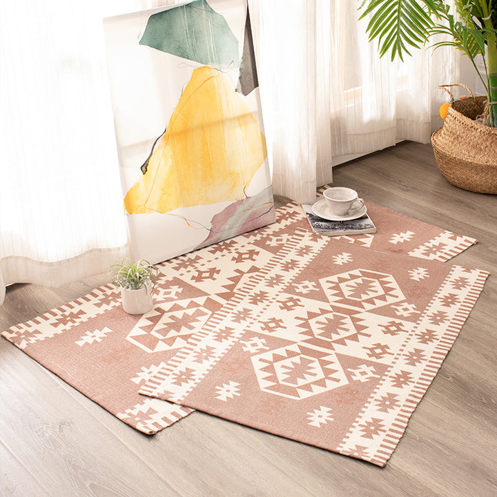 Flat-woven decorative living room rug with geometric ethnic medallion