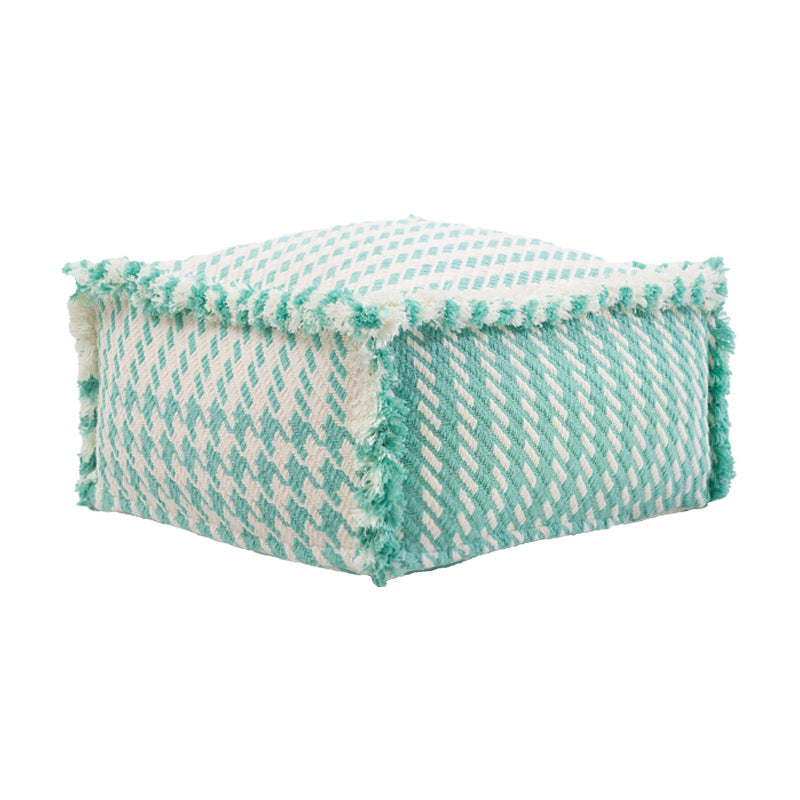 Padded pouf seat ottoman with woven structure and carrying handle