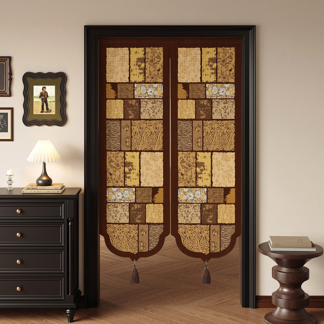 Botanical Patchwork Split-Panel Noren Doorway Curtain with Weighted Tassels