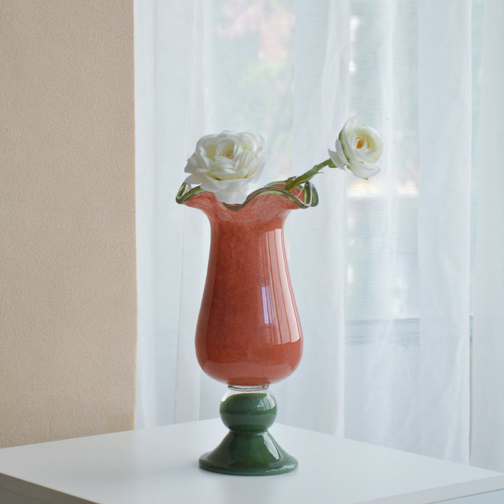 Hand-Blown Tall Flared-Wave Rim Sculptural Glass Vase on Stacked Orb Pedestal