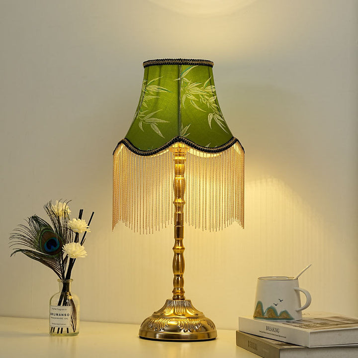 Silk fringed Empire-style table lamp with bead tassel shade