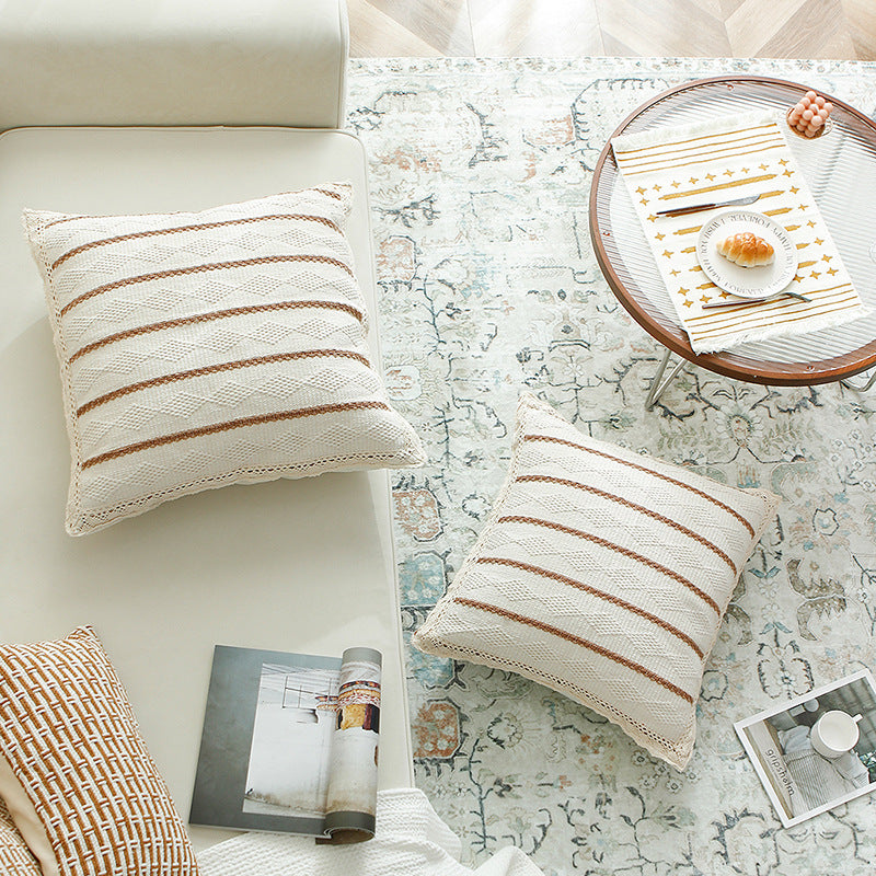Decorative cushion cover made of cotton-linen with crocheted edge and textured stripes