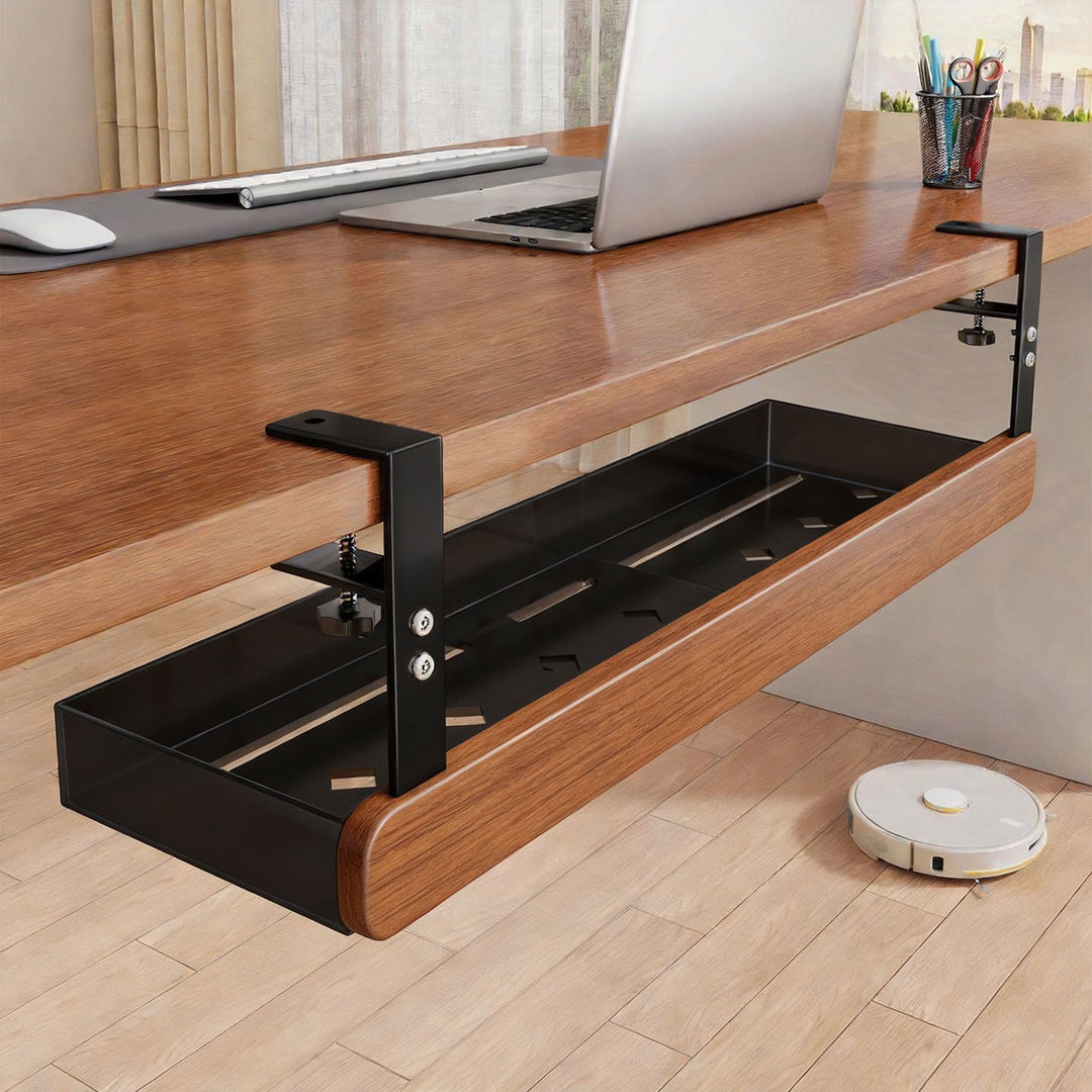 Adjustable Under-Desk Power Strip and Cable Organizer Tray with Clamp Mount and Cord Management