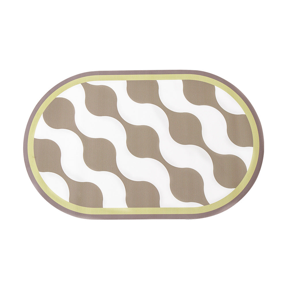 Oval non-slip vinyl mat with fine mosaic print and water-repellent surface