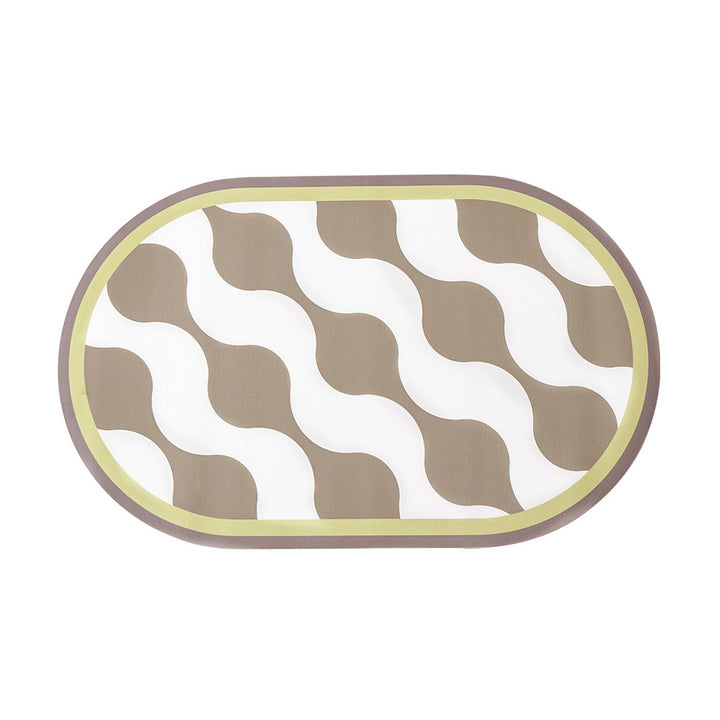 Oval non-slip vinyl mat with fine mosaic print and water-repellent surface