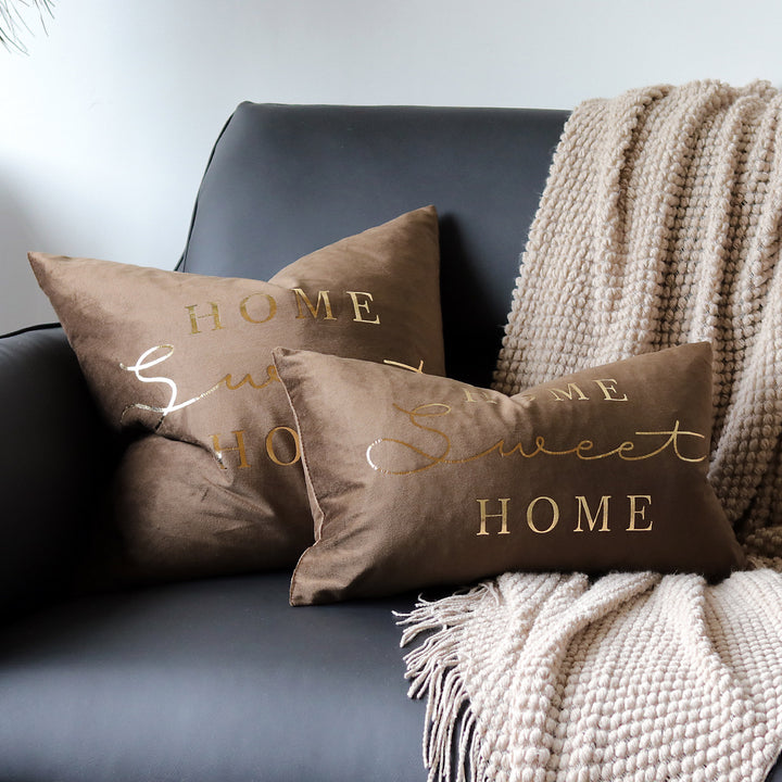 Plush Velvet Rectangular Lumbar Accent Pillow with Metallic Script Embroidery and Hidden Zip