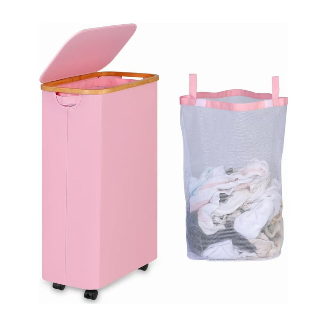 High-quality laundry container with bamboo lid and practical carrying handle