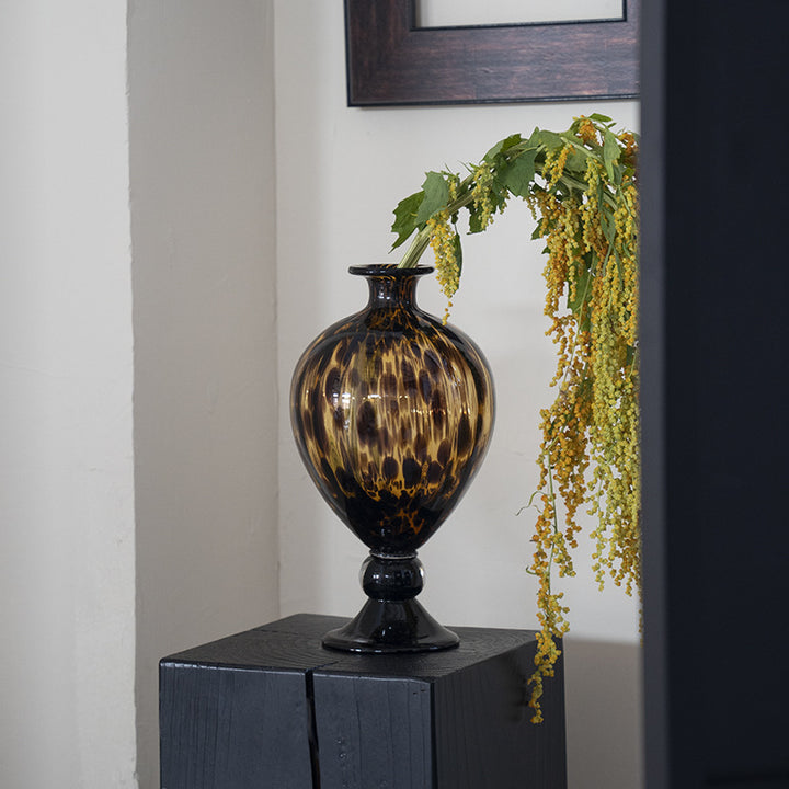 Hand-Blown Speckled Pedestal Art Glass Vase with Narrow Neck
