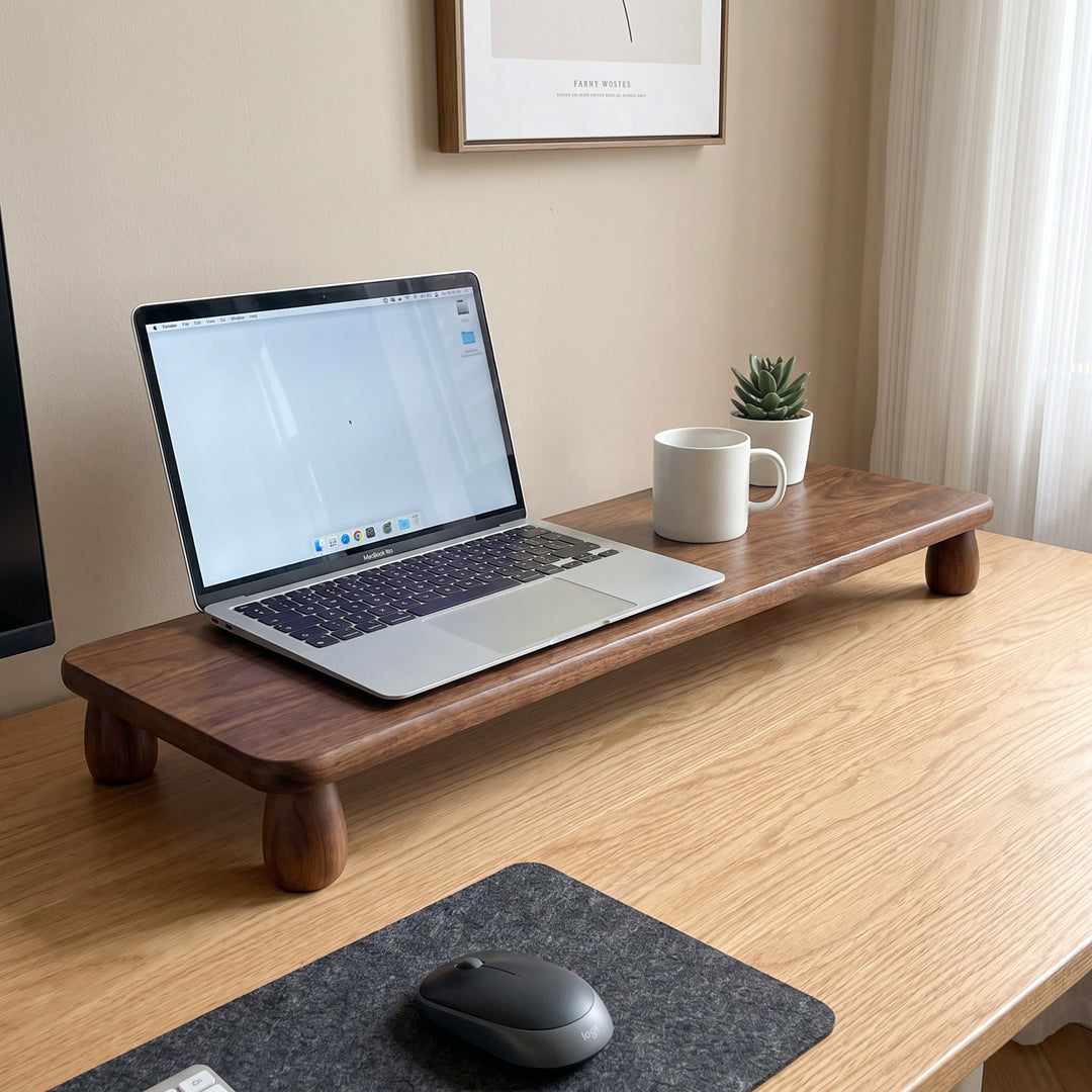 Solid Wood Monitor Riser with Tiered Desk Organizer and Cable Management