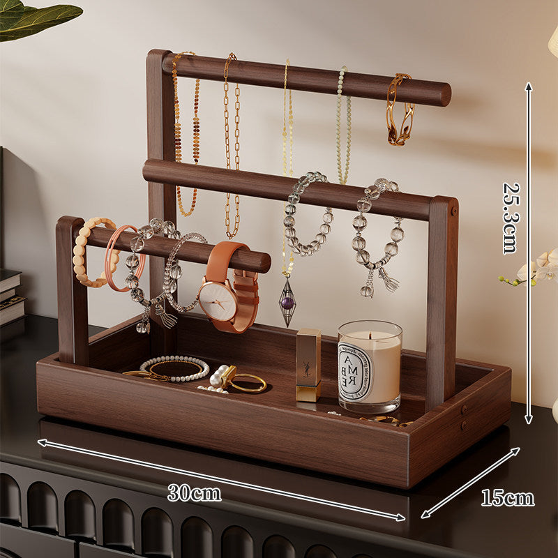 Two-Tier Wooden Jewelry Organizer Tray with Hanging Necklace Rods